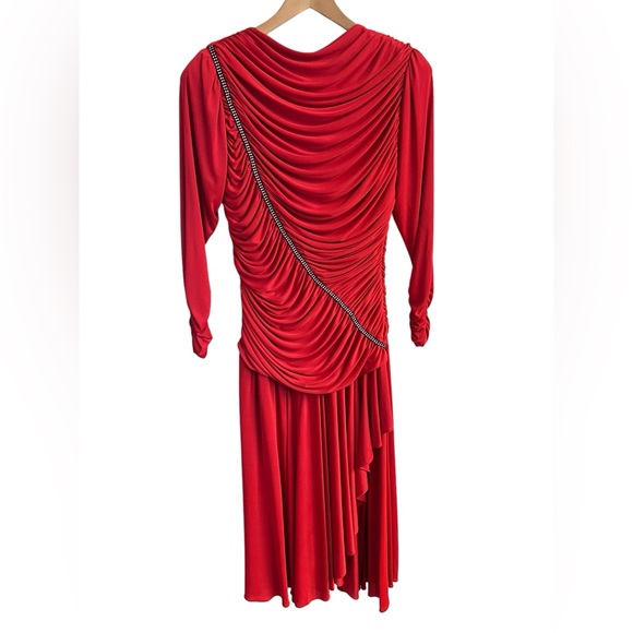 Vintage Claralura Ruched Rhinestone Red Goddess Dress Cocktail Party Made in USA - Picture 9 of 14